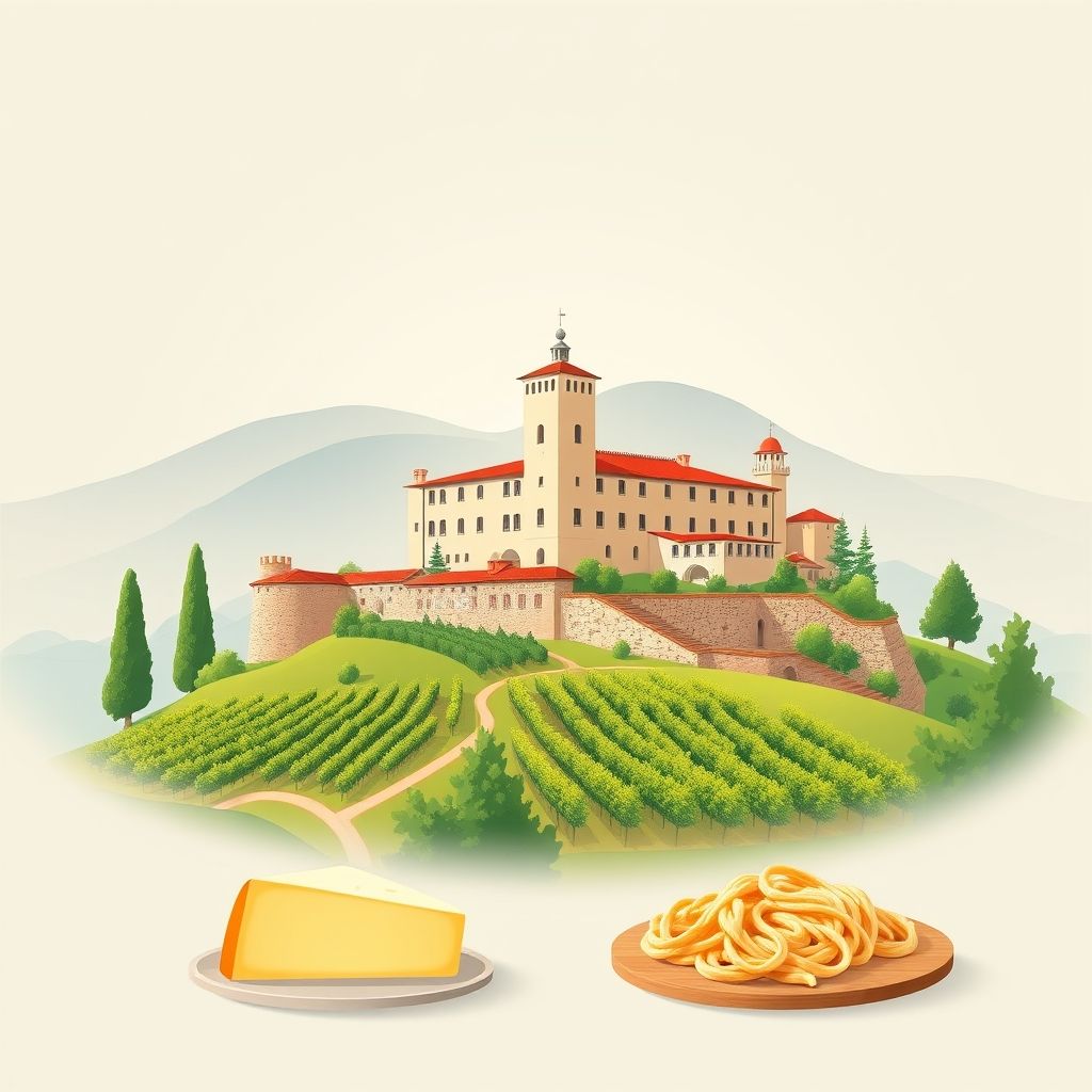 Ultra-high-definition gradient illustration of Monastero di Vasco, featuring Castello di Monastero di Vasco, vineyards, Castelmagno cheese, and Agnolotti del Plin.