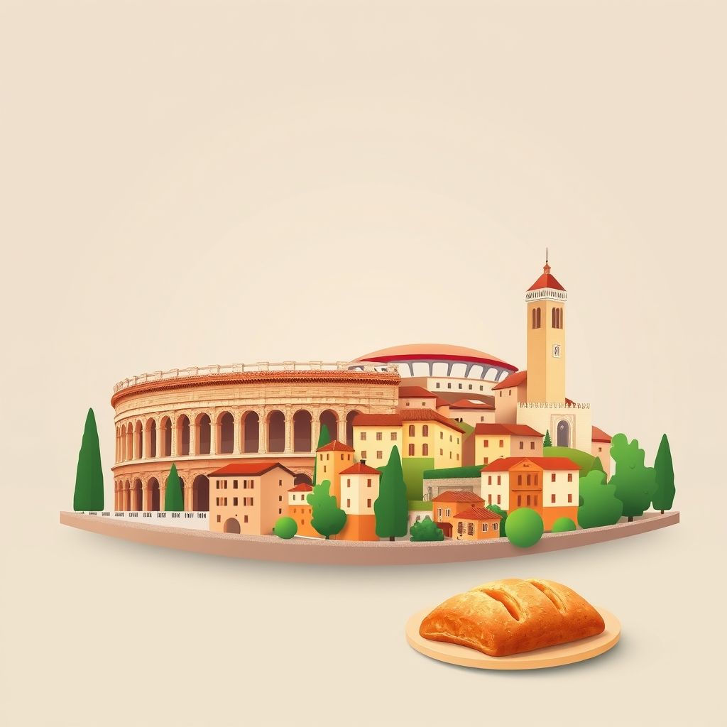 Ultra-high-definition gradient illustration of Boschi Sant'Anna, featuring the Verona Arena, historic village, and pandoro.