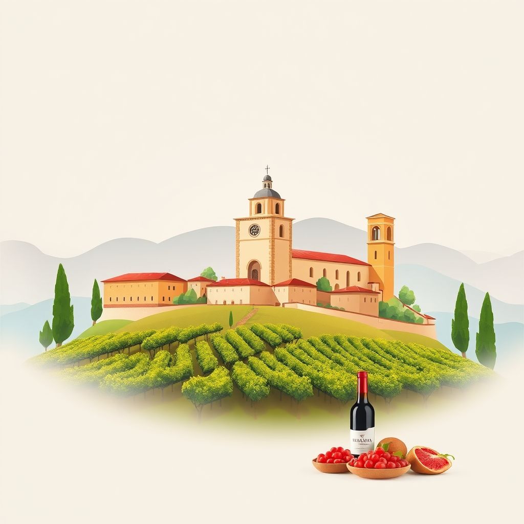 Ultra-high-definition gradient illustration of Colognola ai Colli featuring Parrocchia Santi Colombano e Silvestro church, vineyards, and Amarone della Valpolicella wine.
