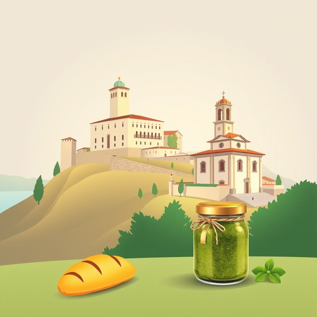 Ultra-high-definition gradient illustration of Onzo, Italy, featuring the Castello di Onzo, the Chiesa di San Martino, and Ligurian specialties like focaccia and pesto.