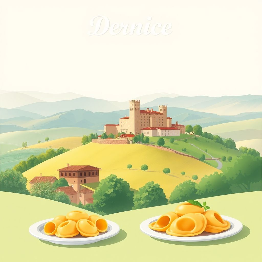 Ultra-high-definition gradient illustration of Dernice, featuring Castello di Dernice, countryside, and Agnolotti del Plin.
