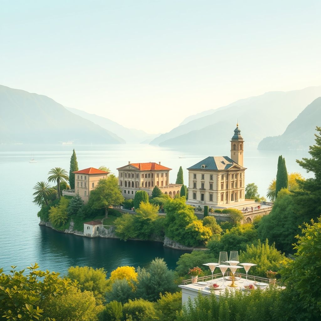 Ultra-high-definition gradient illustration of Bene Lario, featuring Lake Como, Villa del Balbianello, polenta, and missoltini.