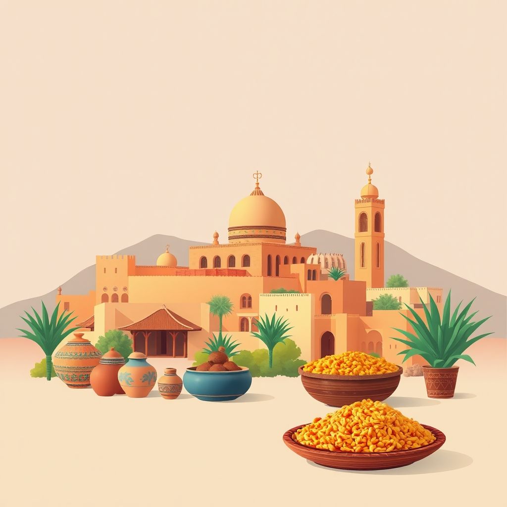 Ultra-high-definition gradient illustration of Oued Zem, featuring the Oued Zem Mosque, historic Kasbah, traditional textiles, pottery, tagine, and couscous.