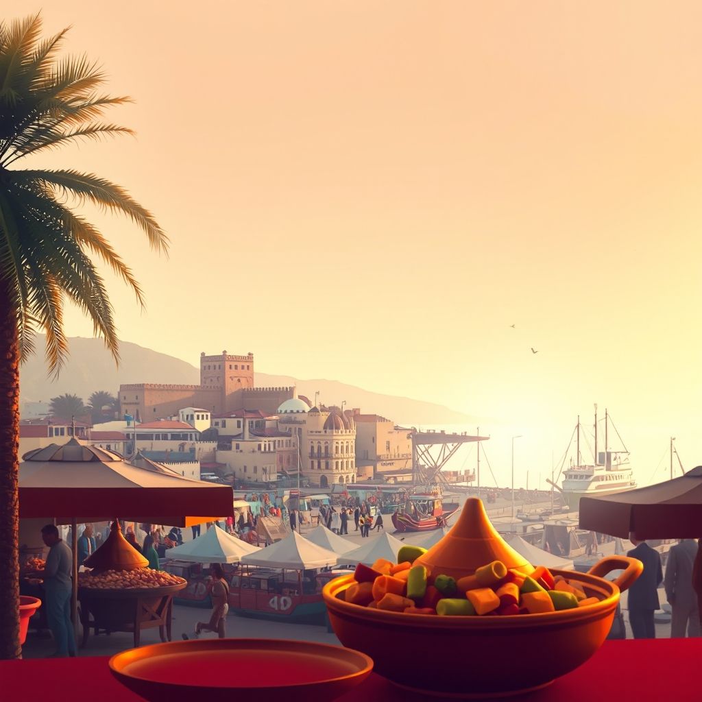 Gradient illustration of Oulad Frej, El-Jadida, showcasing the Portuguese City Mazagan, El-Jadida port, local market, and tagine dish.