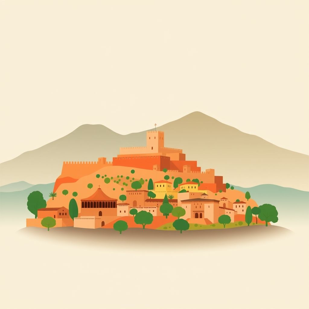 Gradient illustration of Dir El Ksiba, Beni-Mellal, featuring Cascades d'Ouzoud, Ain Asserdoun Fortress, Berber architecture, and Middle Atlas Mountains.