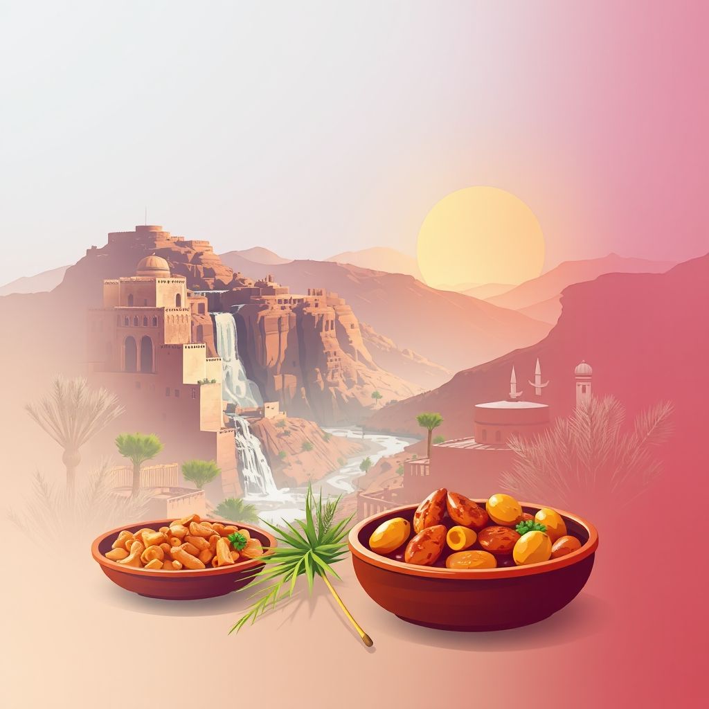 Ultra-high-definition gradient illustration of Ait Taguella, Morocco, featuring Ouzoud Falls, Atlas Mountains, and tagine.