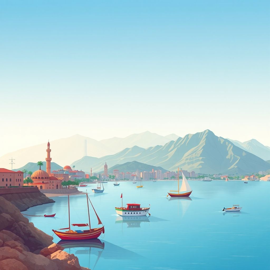 Ultra-high-definition gradient illustration of Bni Gmil, Al-Hoceima, featuring Al-Hoceima Bay, Rif Mountains, and traditional Rifian culture.