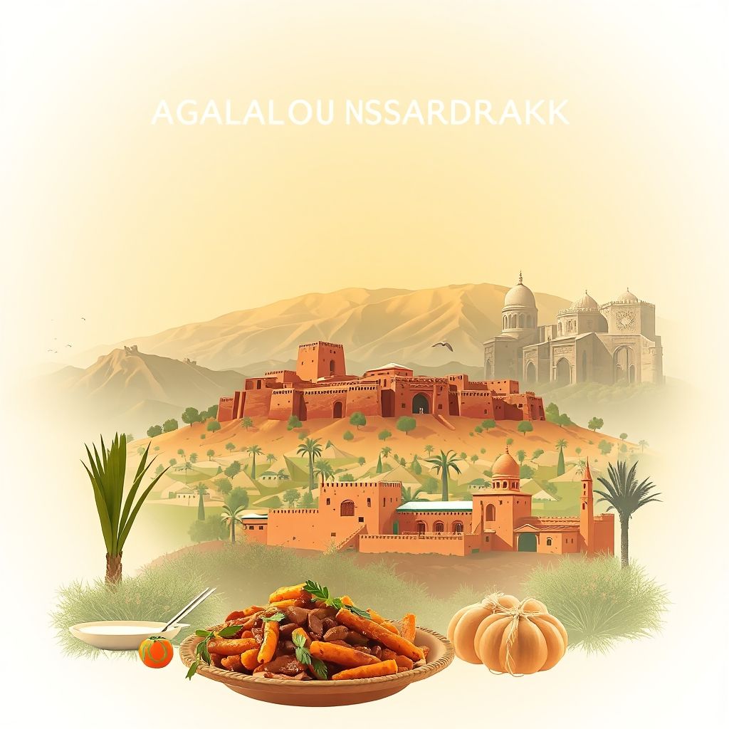 Ultra-high-definition gradient illustration of Aghbalou Nssardane, featuring Khenifra National Park, Ait Ben Haddou, and tagine, highlighting Morocco's cultural landscape.