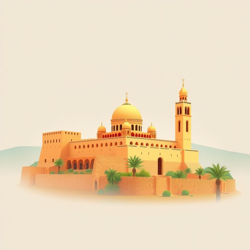 Ultra-high-definition gradient illustration of Ait Issafen, featuring the Great Mosque of Tiznit, historic walls, Berber textiles, and argan oil.