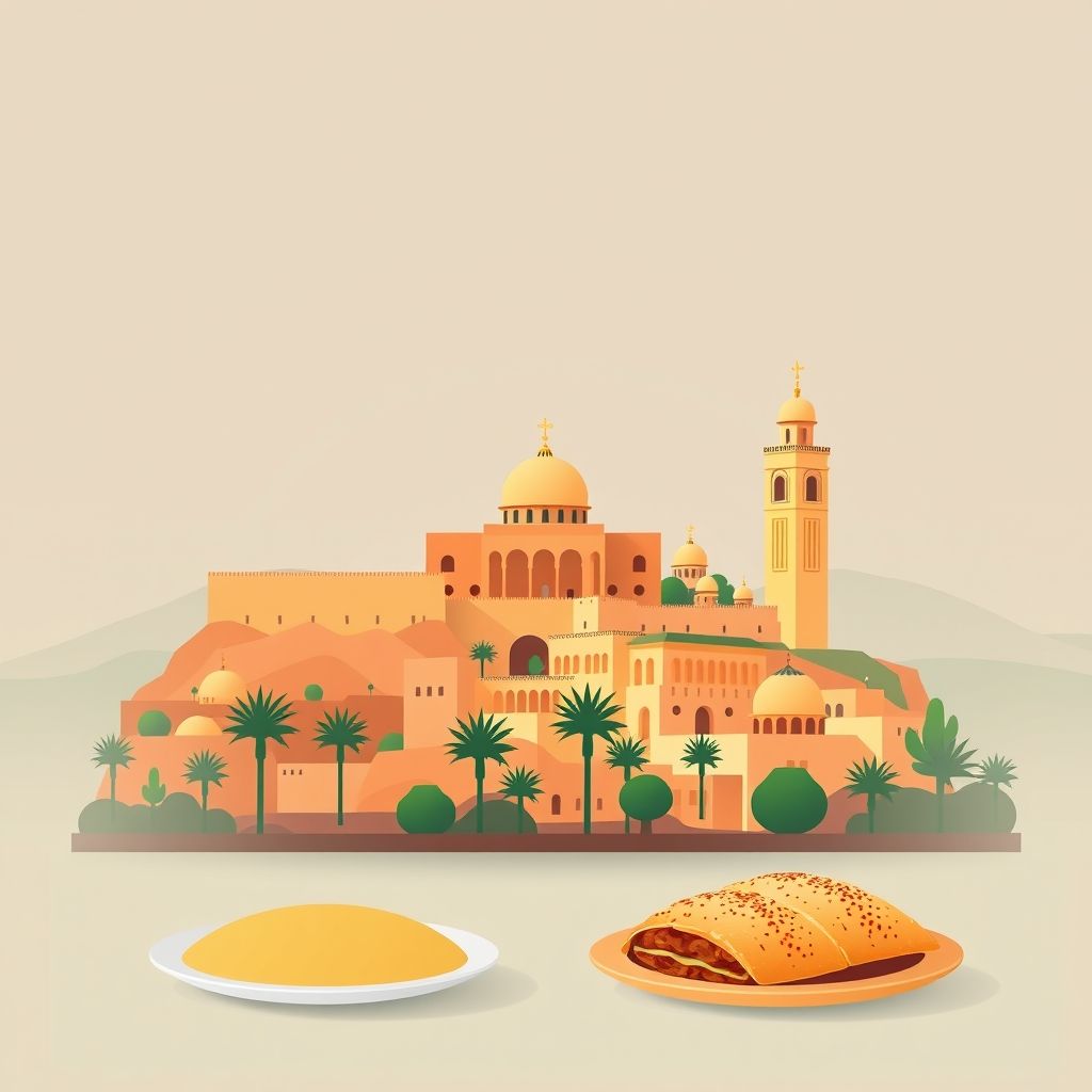 Ultra-high-definition gradient illustration of Agourai, El-Hajeb, Fes-Meknes, Morocco, featuring Bab Bou Jeloud, University of Al-Quaraouiyine, and pastilla.