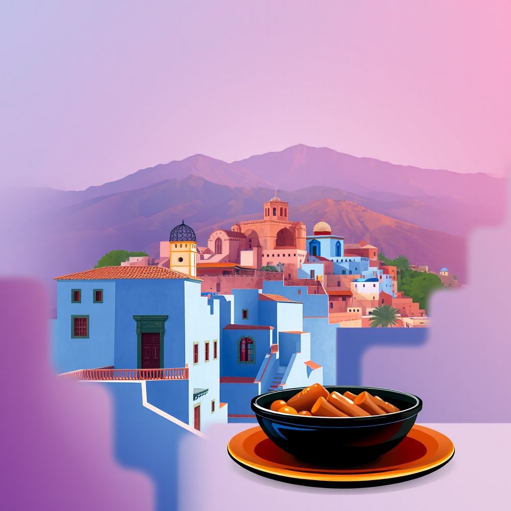 Ultra-high-definition gradient illustration of Chefchaouen, Morocco, featuring blue-washed buildings, the historic Kasbah, Rif Mountains, and a local tagine dish.