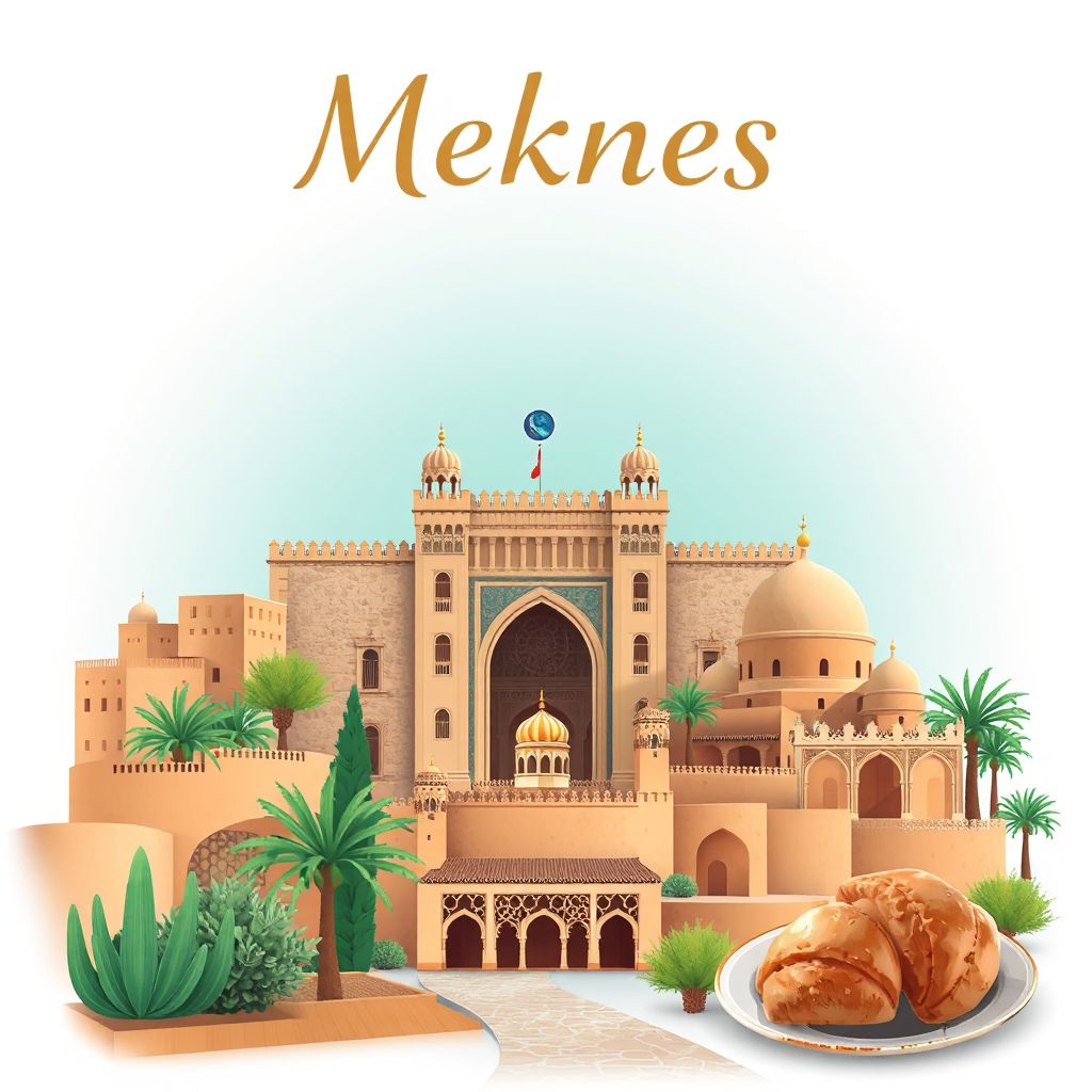 Ultra-high-definition gradient illustration style Meknes illustration, showing the unique charm of Bab Mansour Gate, Volubilis ruins, and traditional Moroccan pastries.
