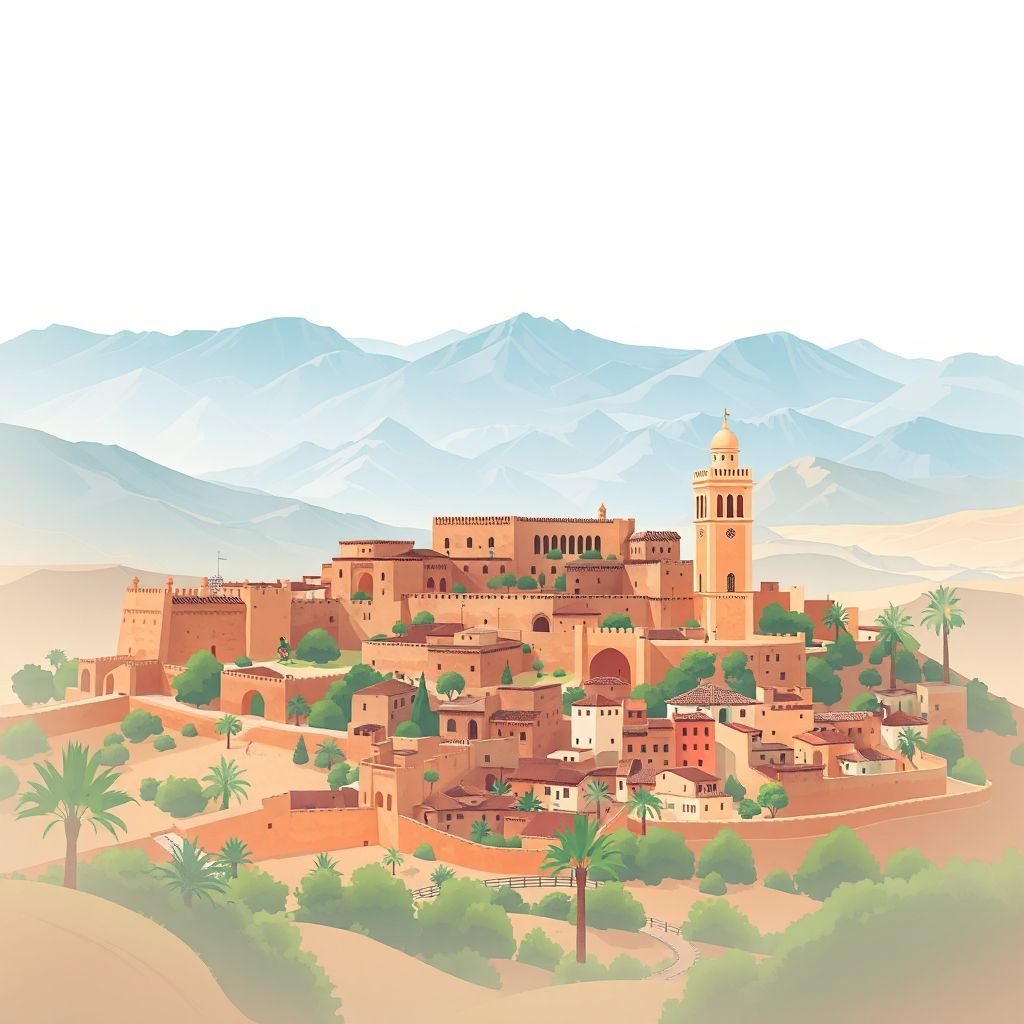 Ultra-high-definition gradient illustration style El-Hajeb illustration, showing the unique charm of the Kasbah of El-Hajeb and the Middle Atlas Mountains.