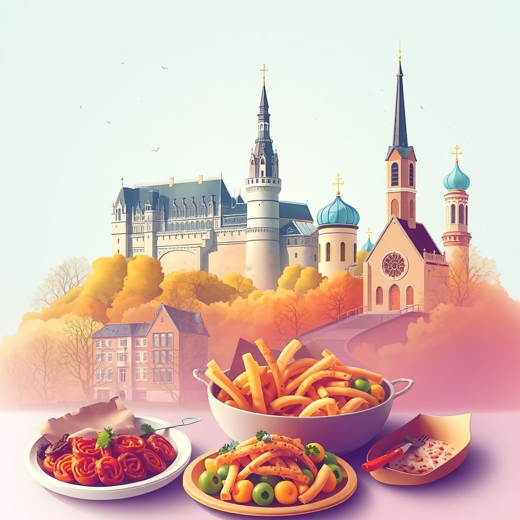 Ultra-high-definition gradient illustration of Darmstadt, Hesse, Germany, featuring Frankenstein Castle, the Russian Chapel, and Grüne Soße.