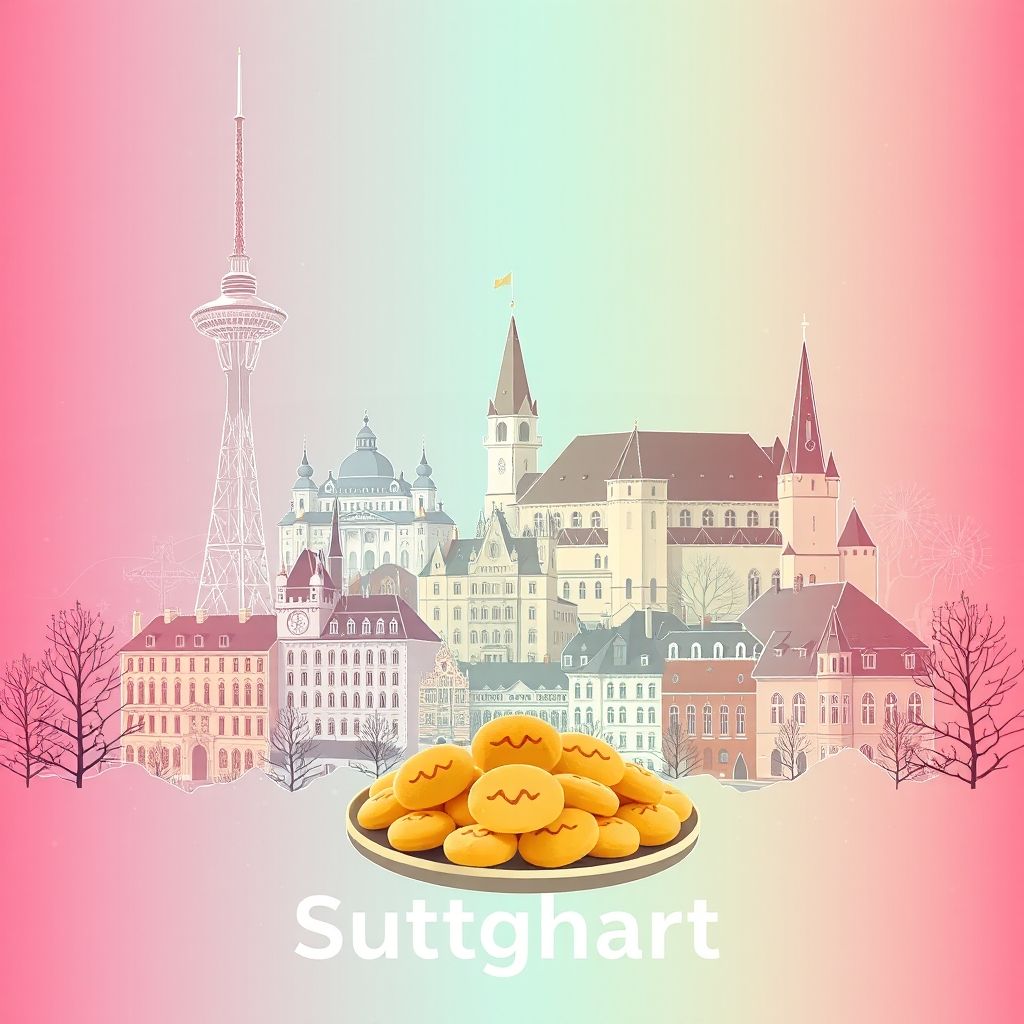 Ultra-high-definition gradient illustration of Stuttgart featuring the Stuttgart Television Tower, the New Castle, and Maultaschen.