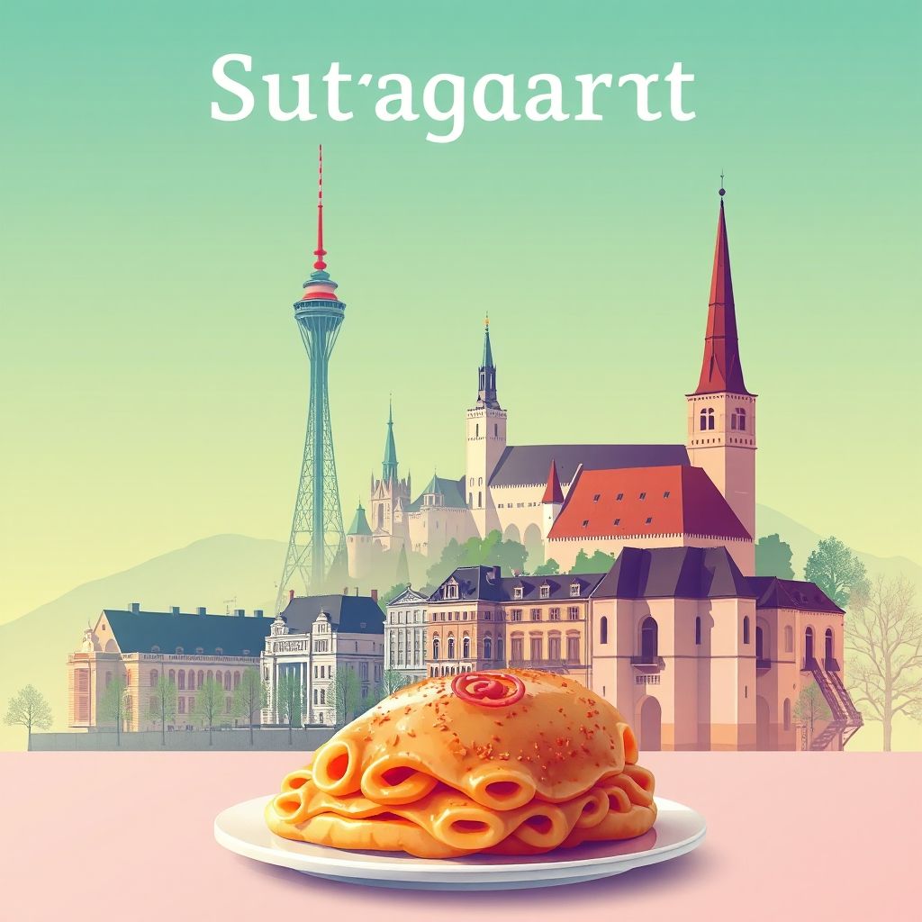 Ultra-high-definition gradient illustration of Stuttgart featuring the Stuttgart Television Tower, the New Castle, and Maultaschen.