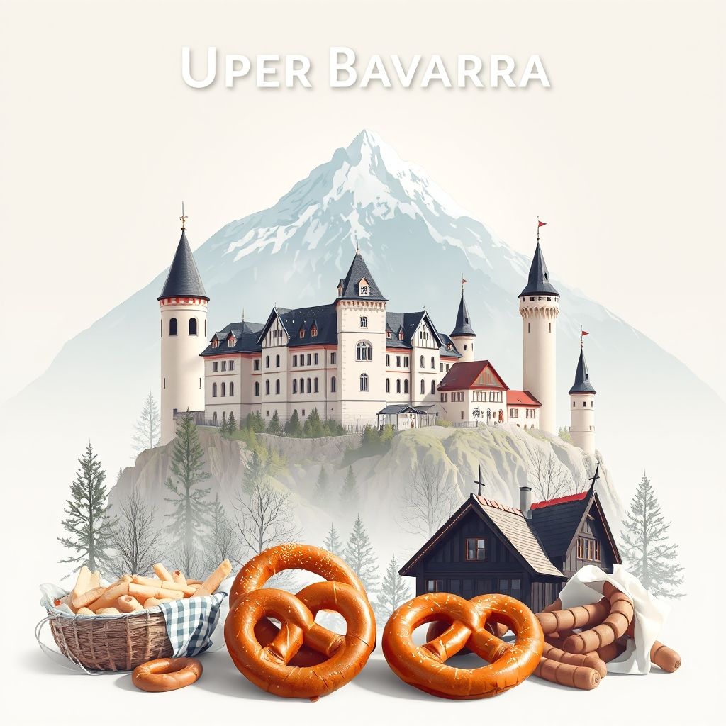 Ultra-high-definition gradient illustration of Upper Bavaria, featuring Neuschwanstein Castle, Zugspitze, traditional clothing, Oktoberfest, Weisswurst, and pretzels.