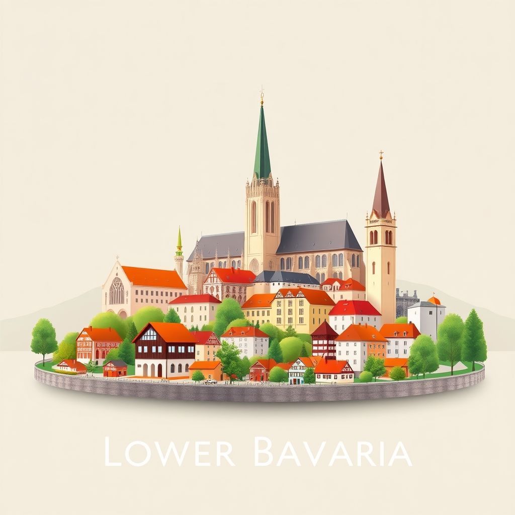Ultra-high-definition gradient illustration of Lower Bavaria, featuring Regensburg Cathedral, Landshut, and Weisswurst, highlighting the region's cultural and geographical features.