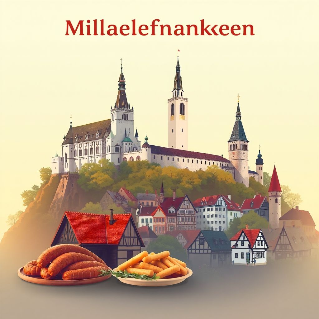 Ultra-high-definition gradient illustration of Mittelfranken, Bavaria, Germany, featuring Nuremberg Castle, Rothenburg ob der Tauber, and Nürnberger Rostbratwürste.