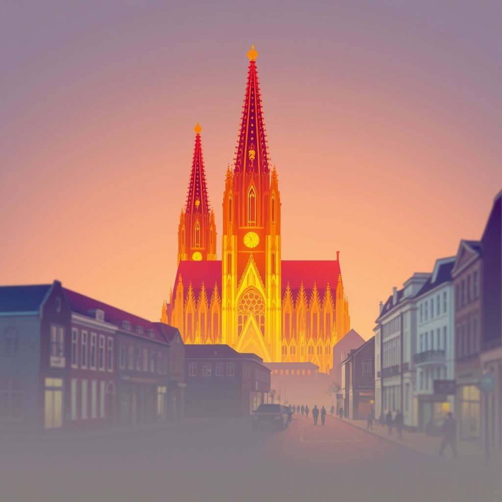 Ultra-high-definition gradient illustration of Cologne, featuring the Cologne Cathedral, Hohe Straße, and local delicacies like Himmel un Ääd.