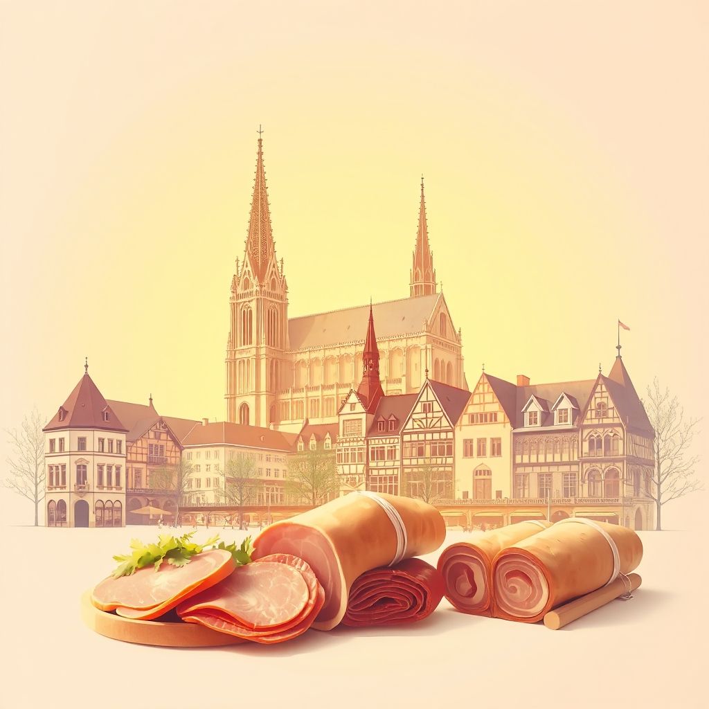 Ultra-high-definition gradient illustration of Muenster, North Rhine-Westphalia, Germany, featuring the Muenster Cathedral, the Prinzipalmarkt, and Westphalian ham.