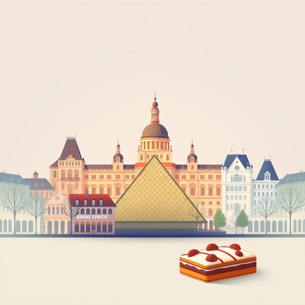Ultra-high-definition gradient illustration of Karlsruhe, featuring the Karlsruhe Palace, the Pyramid, Badisches Schäufele, and Black Forest cake.