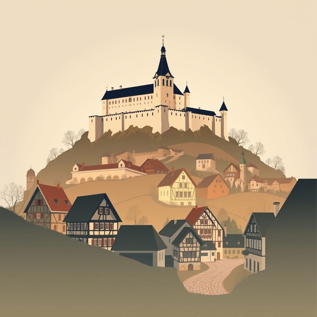 Ultra-high-definition gradient illustration of Mittelfranken, Bavaria, Germany, featuring Nuremberg Castle, Rothenburg ob der Tauber, Nuremberg sausages, and Lebkuchen.