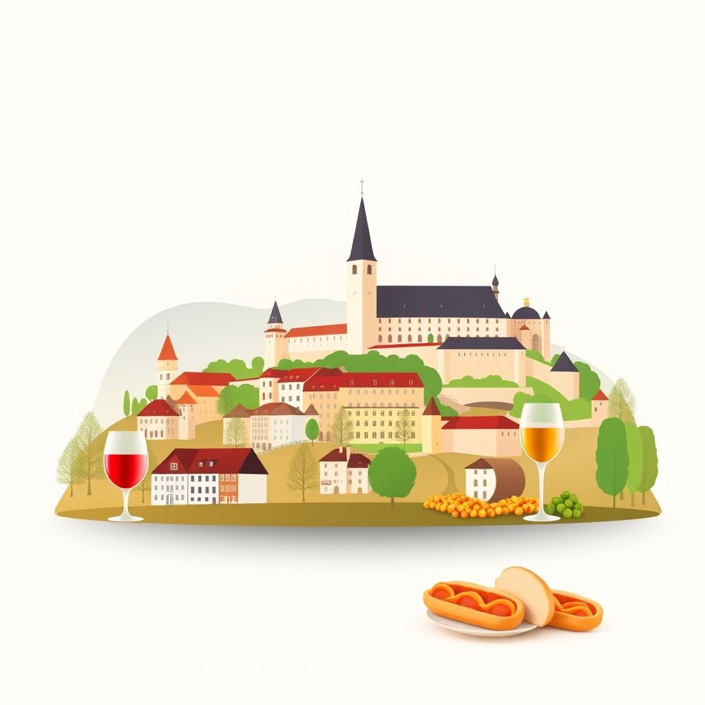 Gradient illustration of Unterfranken, Bavaria, Germany, featuring the Würzburg Residence, Fortress Marienberg, the Main River, Franconian wine, and bratwurst.