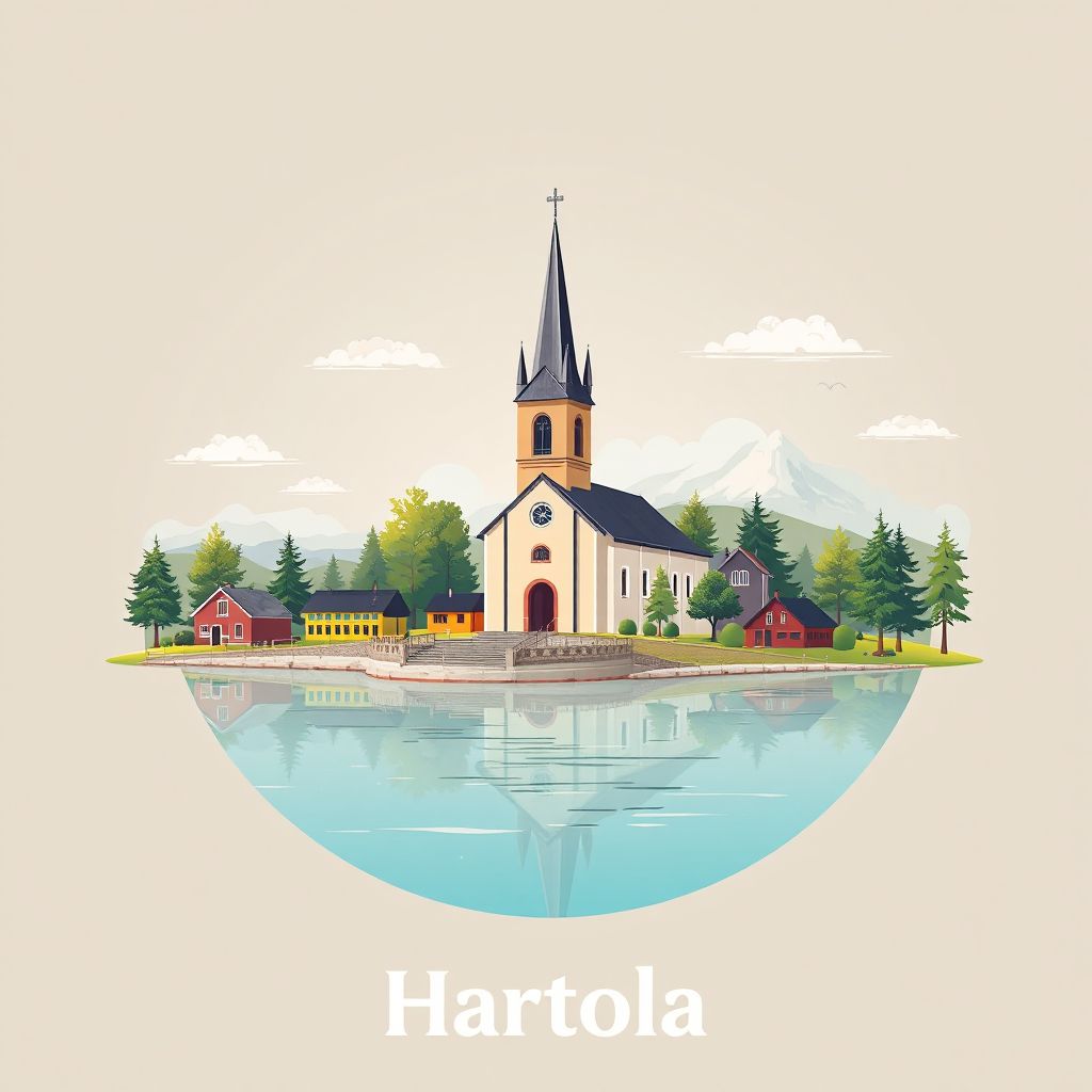 Ultra-high-definition gradient illustration style Hartola illustration, showing the unique charm of the Hartola Church and Lake Päijänne.