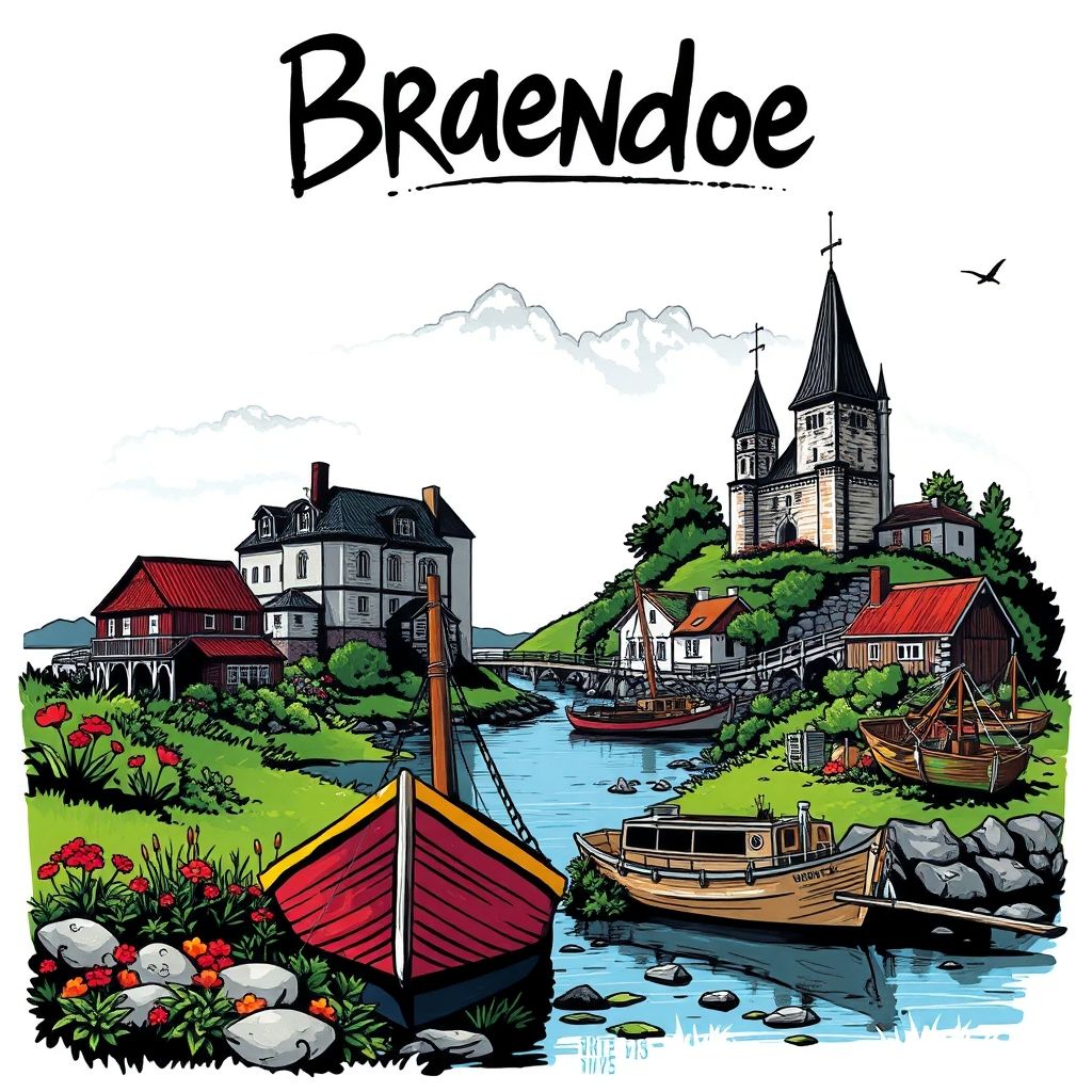 Graffiti-style illustration of Braendoe, Aland Islands, featuring Kastelholm Castle, Bomarsund Fortress, traditional boats, flora, and Aland pancakes.