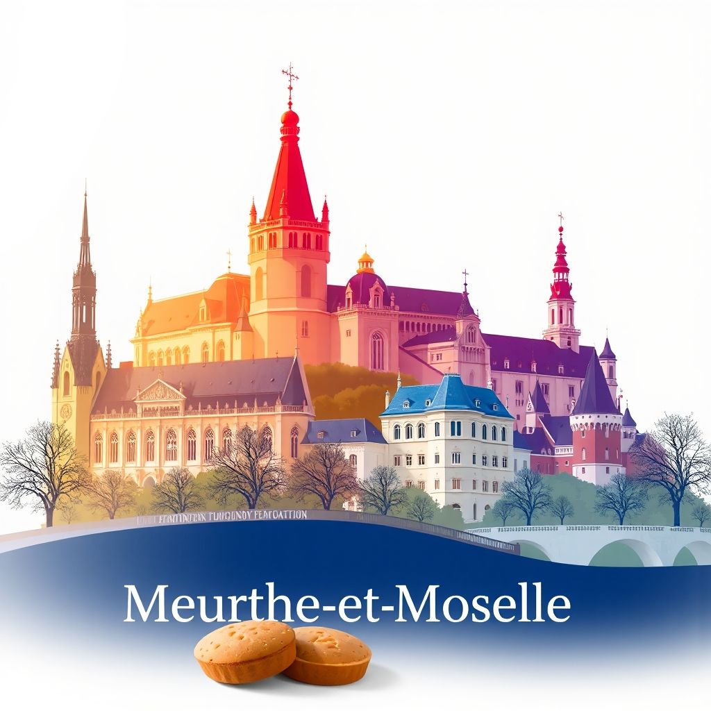 Ultra-high-definition gradient illustration of Meurthe-et-Moselle, featuring Place Stanislas, Château de Lunéville, and local specialties like madeleines and quiche Lorraine.