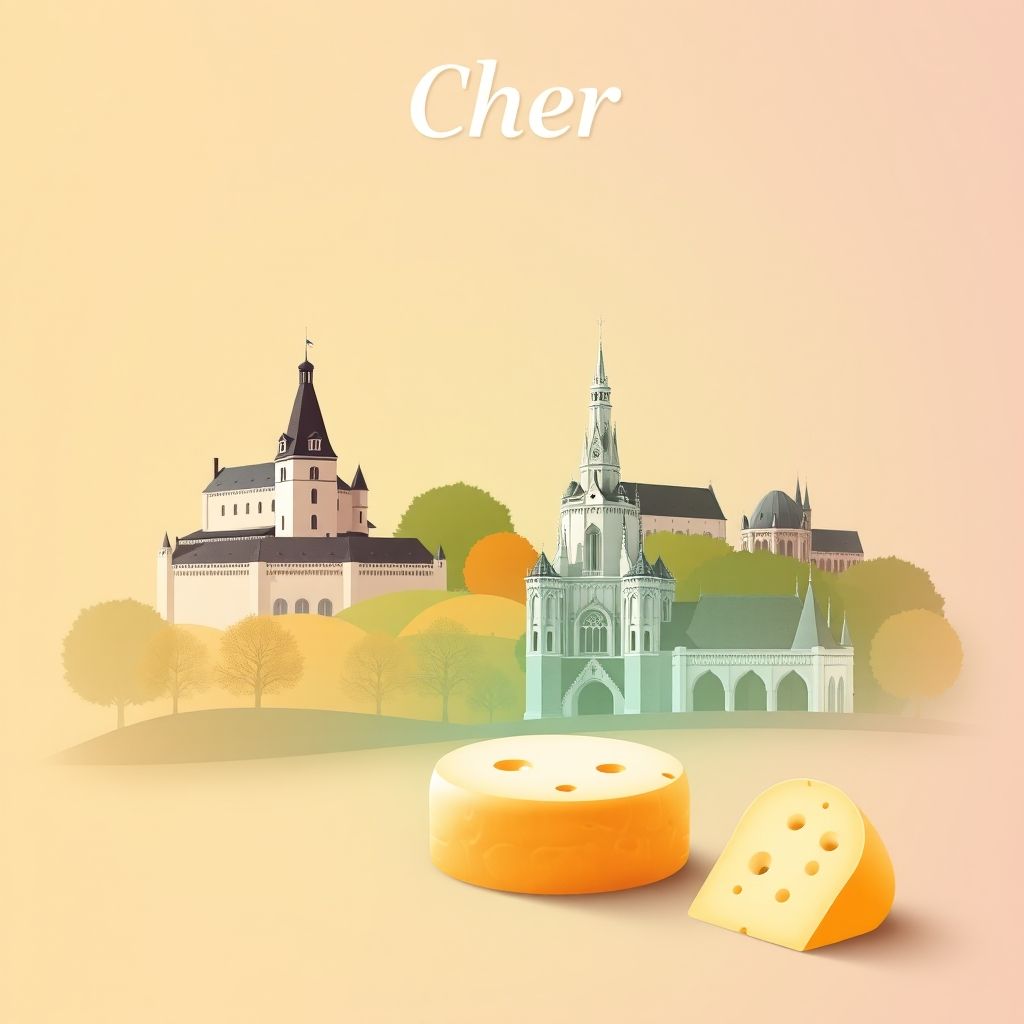 Ultra-high-definition gradient illustration of Cher, Centre, France, featuring the Château de Valençay, the Cathédrale Saint-Étienne de Bourges, and Crottin de Chavignol cheese.