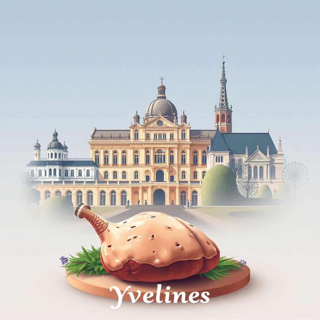 Ultra-high-definition gradient illustration of Yvelines, featuring the Palace of Versailles, the Saint-Quentin-en-Yvelines Cathedral, and Montfort lamb.