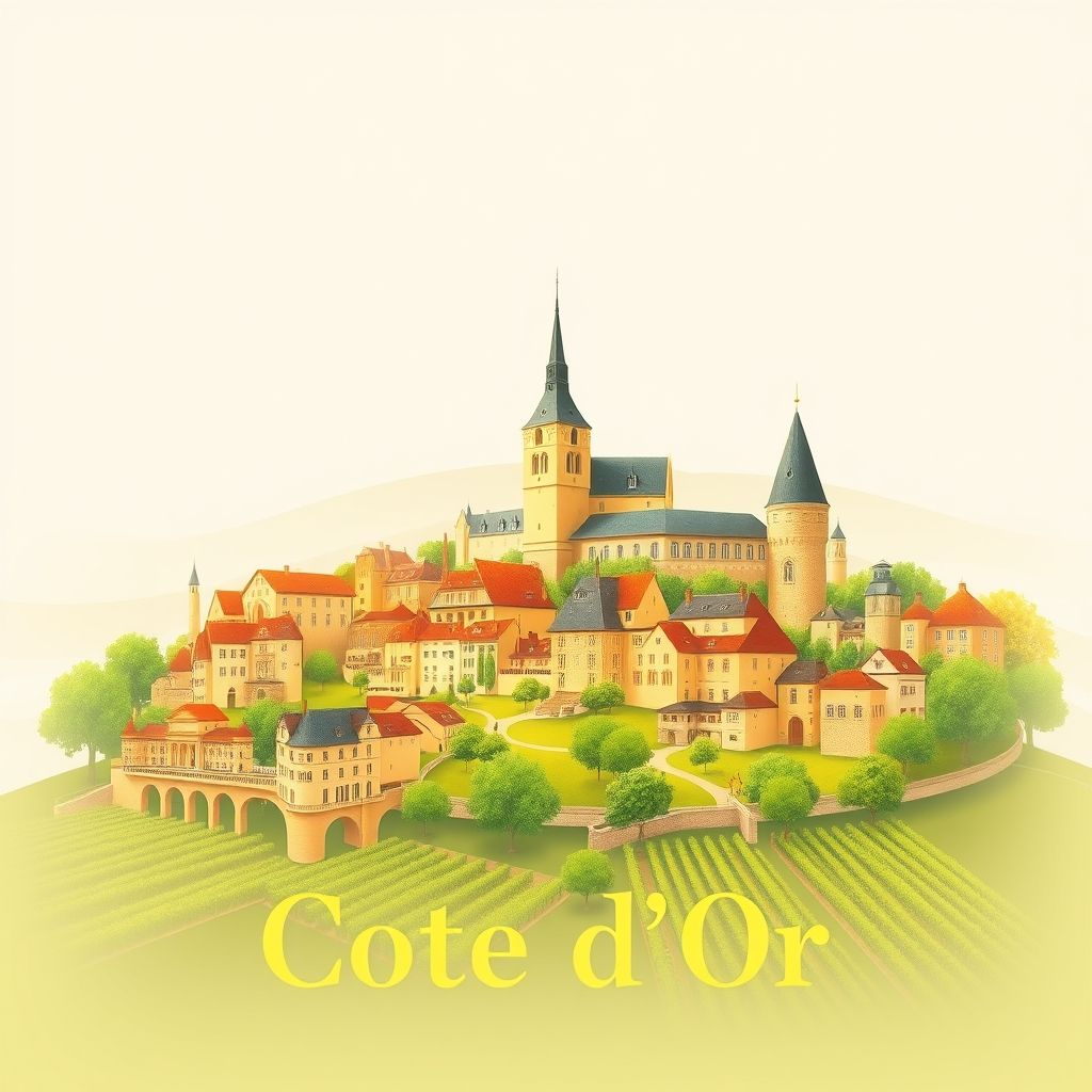 Ultra-high-definition gradient illustration of Cote d'Or, featuring the Hospices de Beaune, Chateau du Clos de Vougeot, vineyards, and local cuisine like escargot and coq au vin.