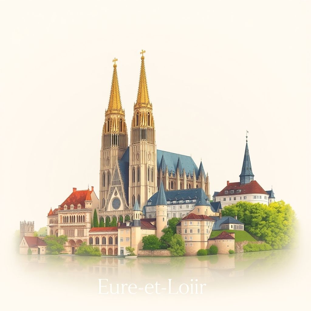 Ultra-high-definition gradient illustration of Eure-et-Loir, Centre, France, featuring the Cathedral of Chartres, Château de Châteaudun, and pâté de Chartres.