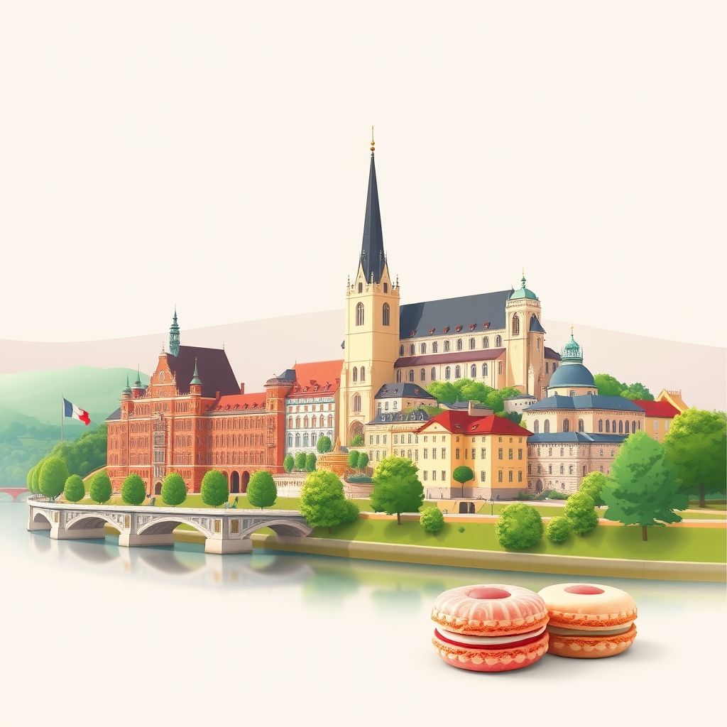 Ultra-high-definition gradient illustration of Meurthe-et-Moselle, featuring Place Stanislas, Château de Lunéville, the Moselle River, and macarons from Nancy.