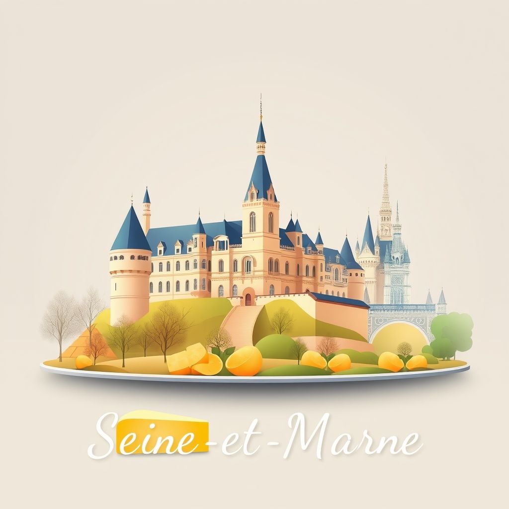 Ultra-high-definition gradient illustration of Seine-et-Marne, featuring the Château de Fontainebleau, Disneyland Paris castle, and Brie cheese.