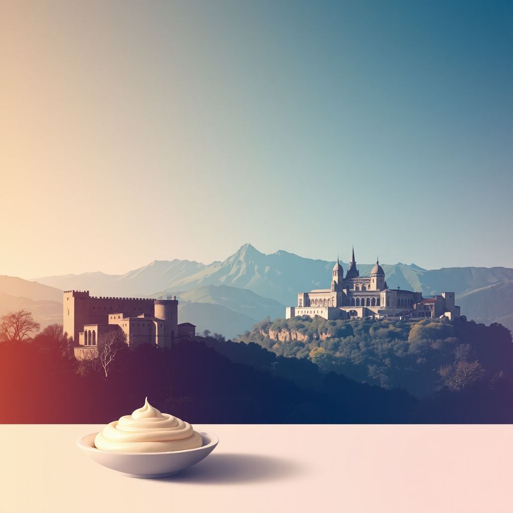 Ultra-high-definition gradient illustration of Pyrenees-Orientales, Occitanie, France, featuring Fort de Salses, Château de Quéribus, Cathar castles, Pyrénées mountains, and crema catalana.