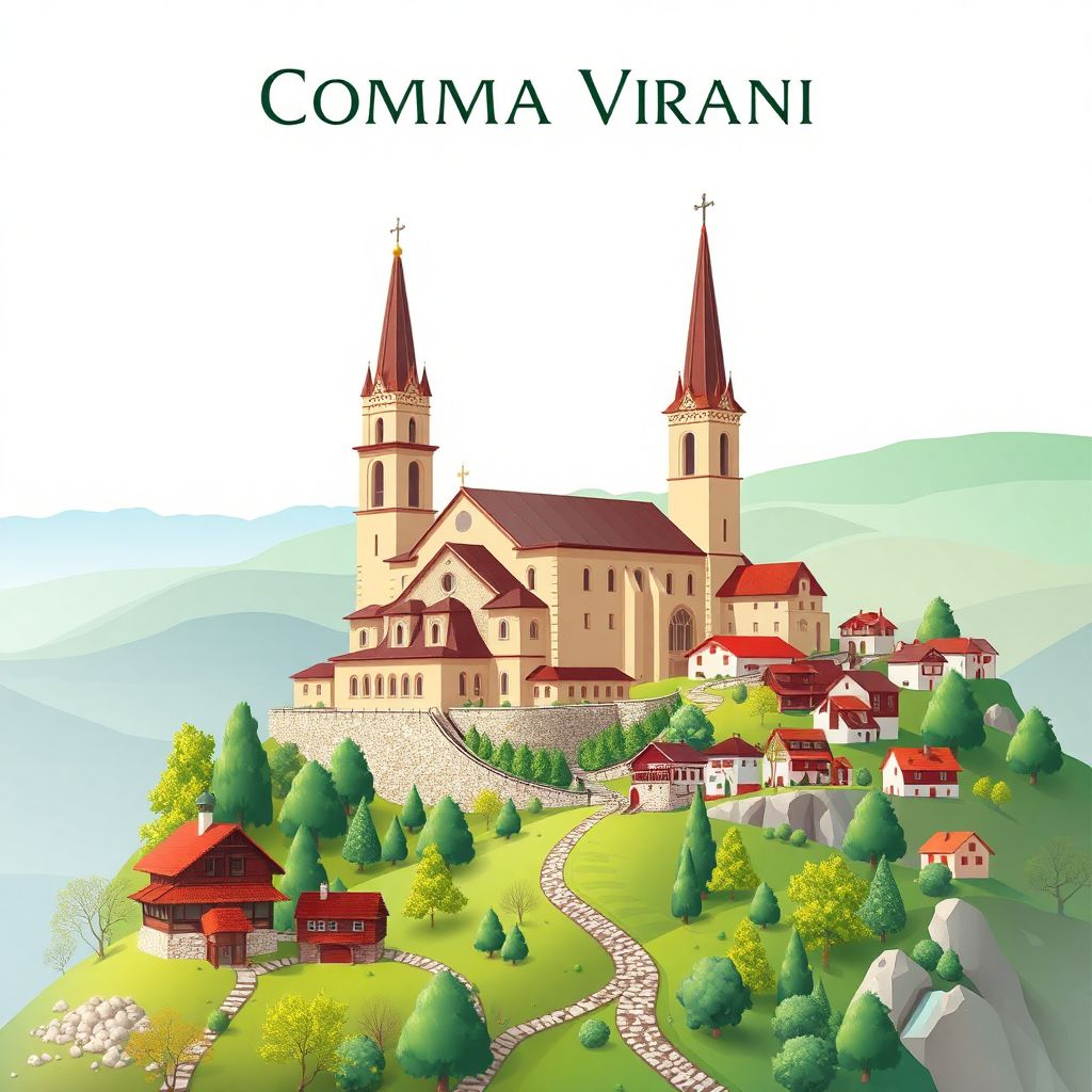 Ultra-high-definition gradient illustration style Comuna Vrani illustration, showcasing the Vrani Monastery and picturesque landscapes.