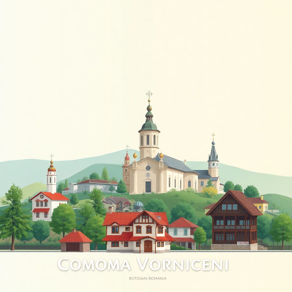 Ultra-high-definition gradient illustration style Comuna Vorniceni illustration, showing the unique charm of historic churches and traditional Romanian houses.