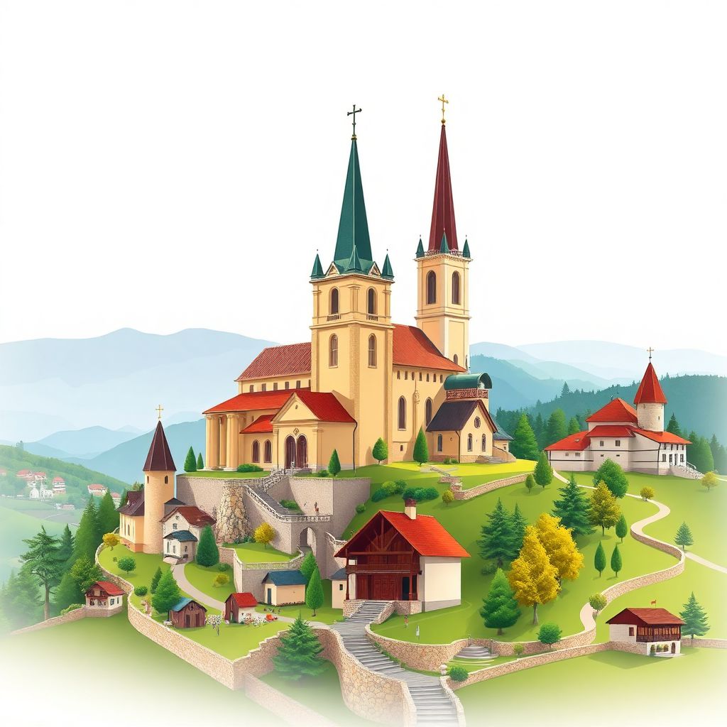 Ultra-high-definition gradient illustration of Comuna Voitinel, Suceava, Romania, featuring the historic Church of St. George, Bukovina landscapes, and traditional folk art.