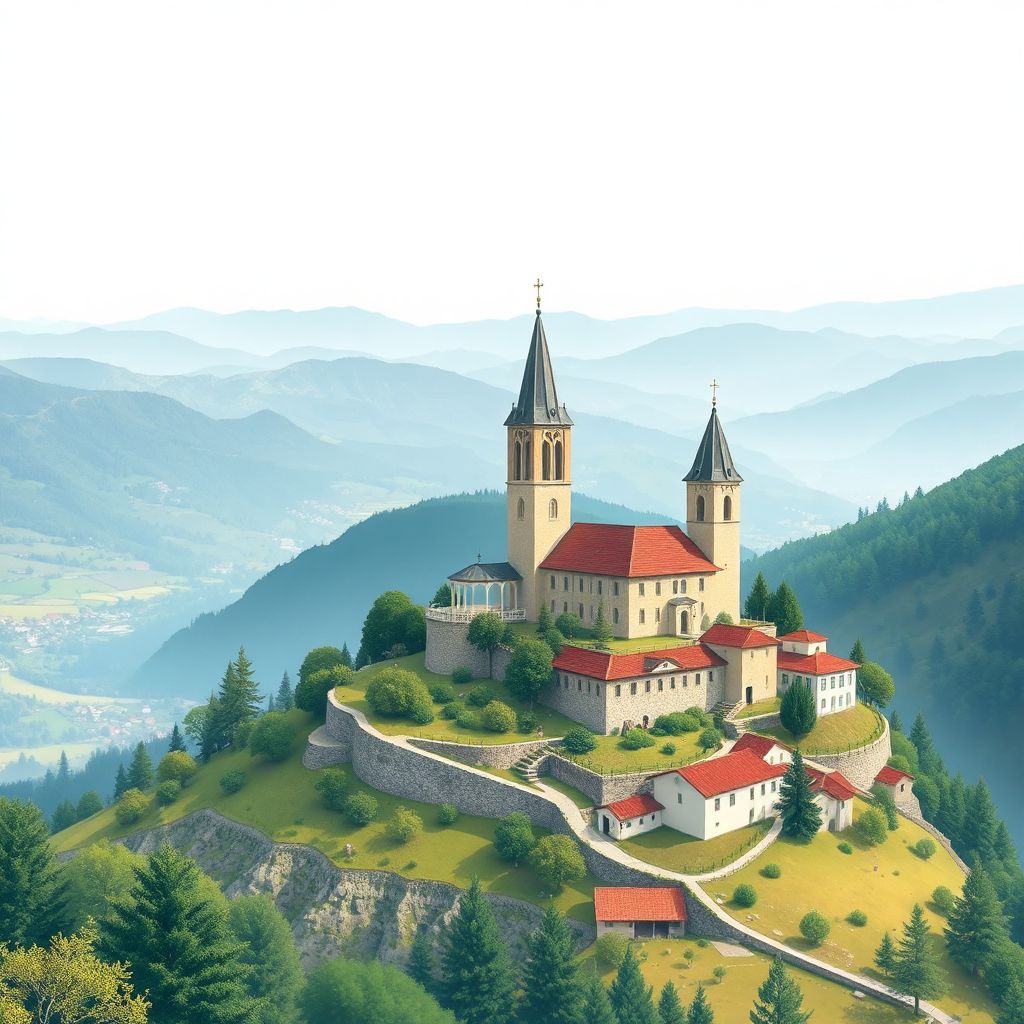 Ultra-high-definition gradient illustration style Comuna Voicesti illustration, showing the unique charm of the Voicesti Monastery and the Olt River Valley.