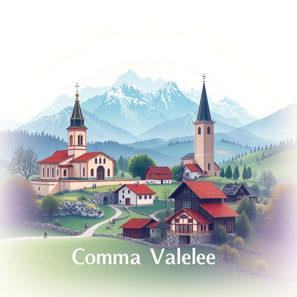 Ultra-high-definition gradient illustration of Comuna Valcele, Romania, featuring historic churches, traditional houses, and Carpathian landscapes.
