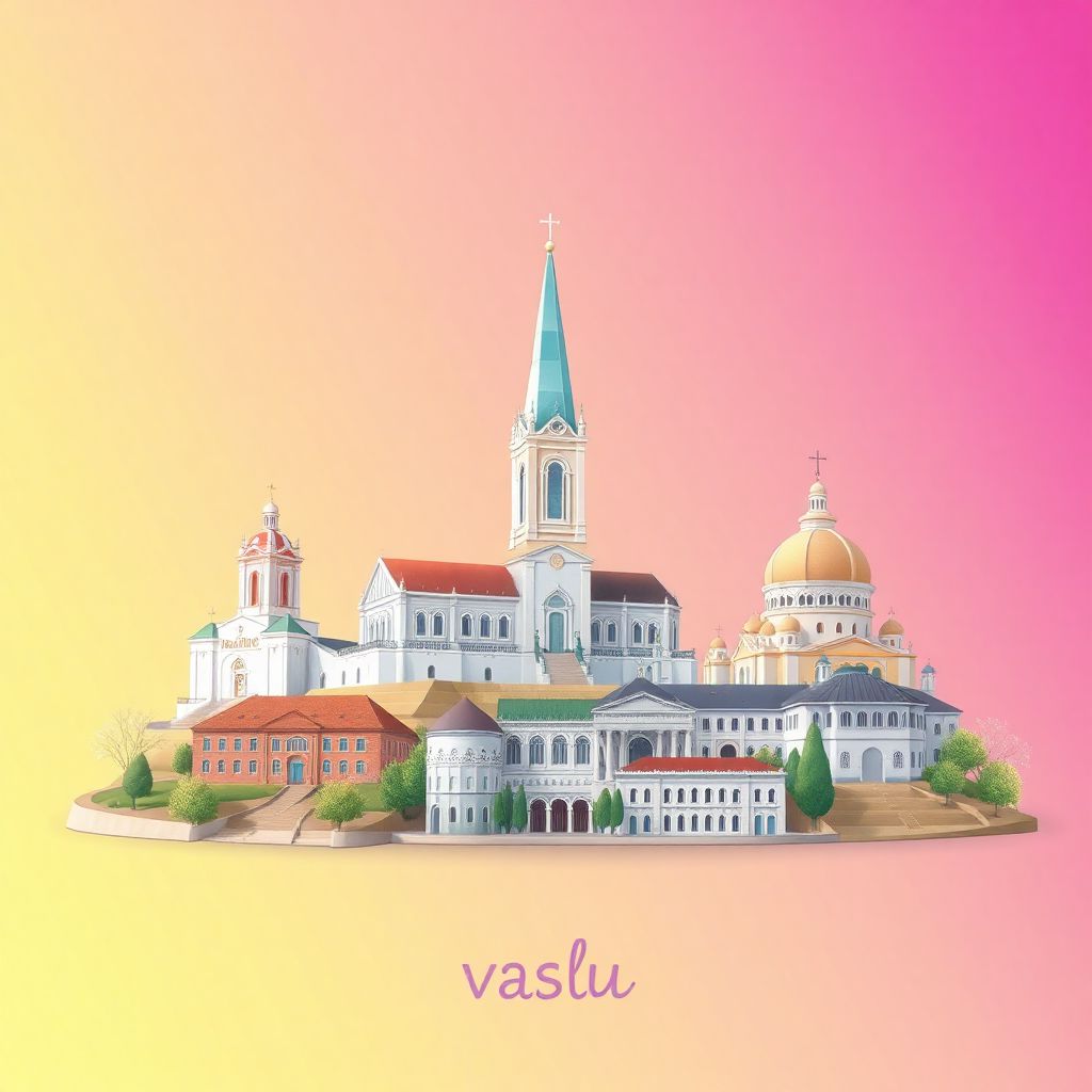 Ultra-high-definition gradient illustration style Vaslui artwork, featuring the Baccani Church and the Vaslui County Museum.