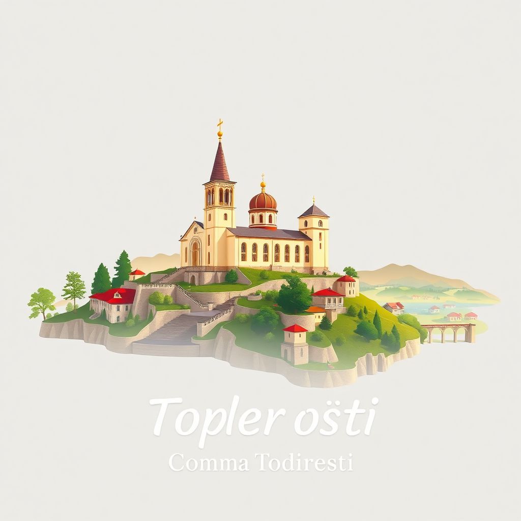 Ultra-high-definition gradient illustration of Comuna Todiresti, Vaslui County, Romania, featuring Todiresti Monastery and scenic landscapes.