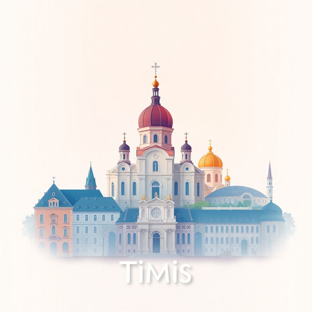 Ultra-high-definition gradient illustration style Timis, Timis County, Romania illustration, showing the unique charm of the Metropolitan Cathedral, the Timisoara Orthodox Cathedral, and Victory Square.