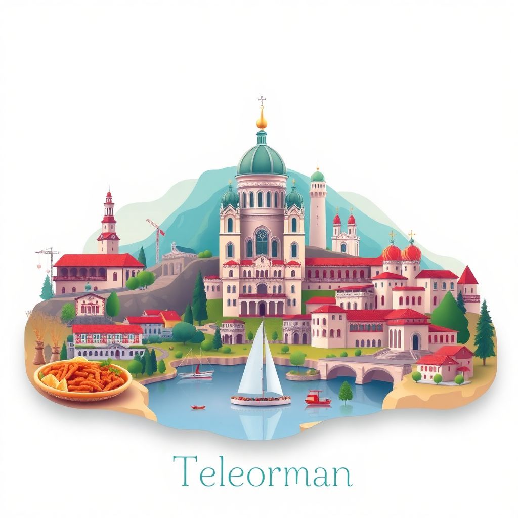 Ultra-high-definition gradient illustration style Teleorman illustration, showing the unique charm of the Alexandria Cathedral, the Mogosoaia Palace, and Vacaresti Lake.