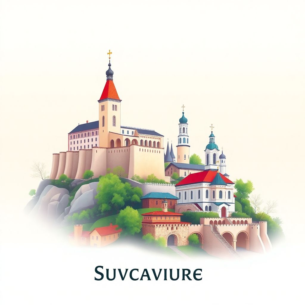 Ultra-high-definition gradient illustration style Suceava illustration, showing the unique charm of Suceava Fortress and St. John the New Monastery.