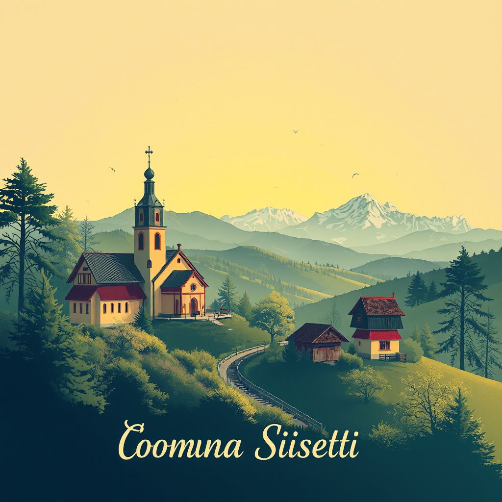 Ultra-high-definition gradient illustration of Comuna Sisesti, Mehedinti County, Romania, featuring historic churches, Cerna Mountains, and traditional Sarmale.