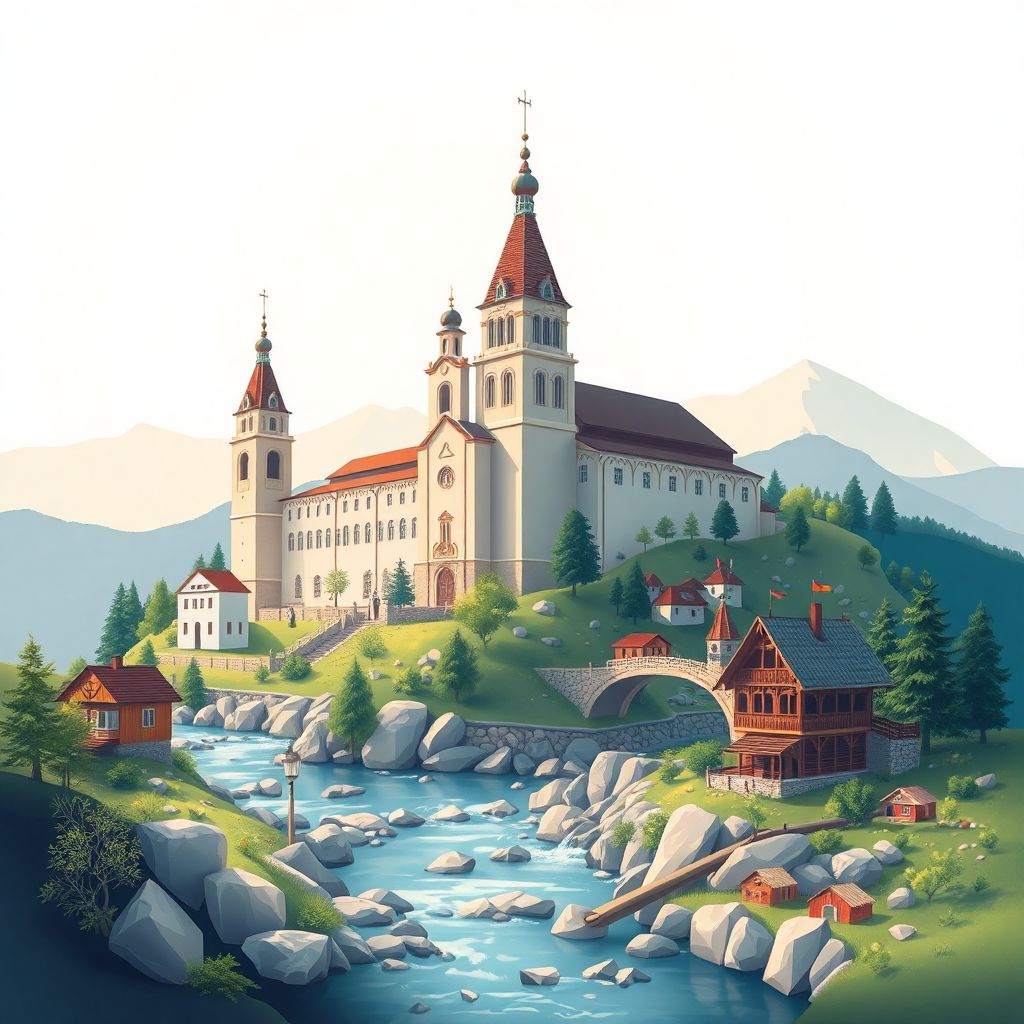 Ultra-high-definition gradient illustration of Comuna Sirineasa, featuring the Cozia Monastery, Olt River, and traditional sarmale.